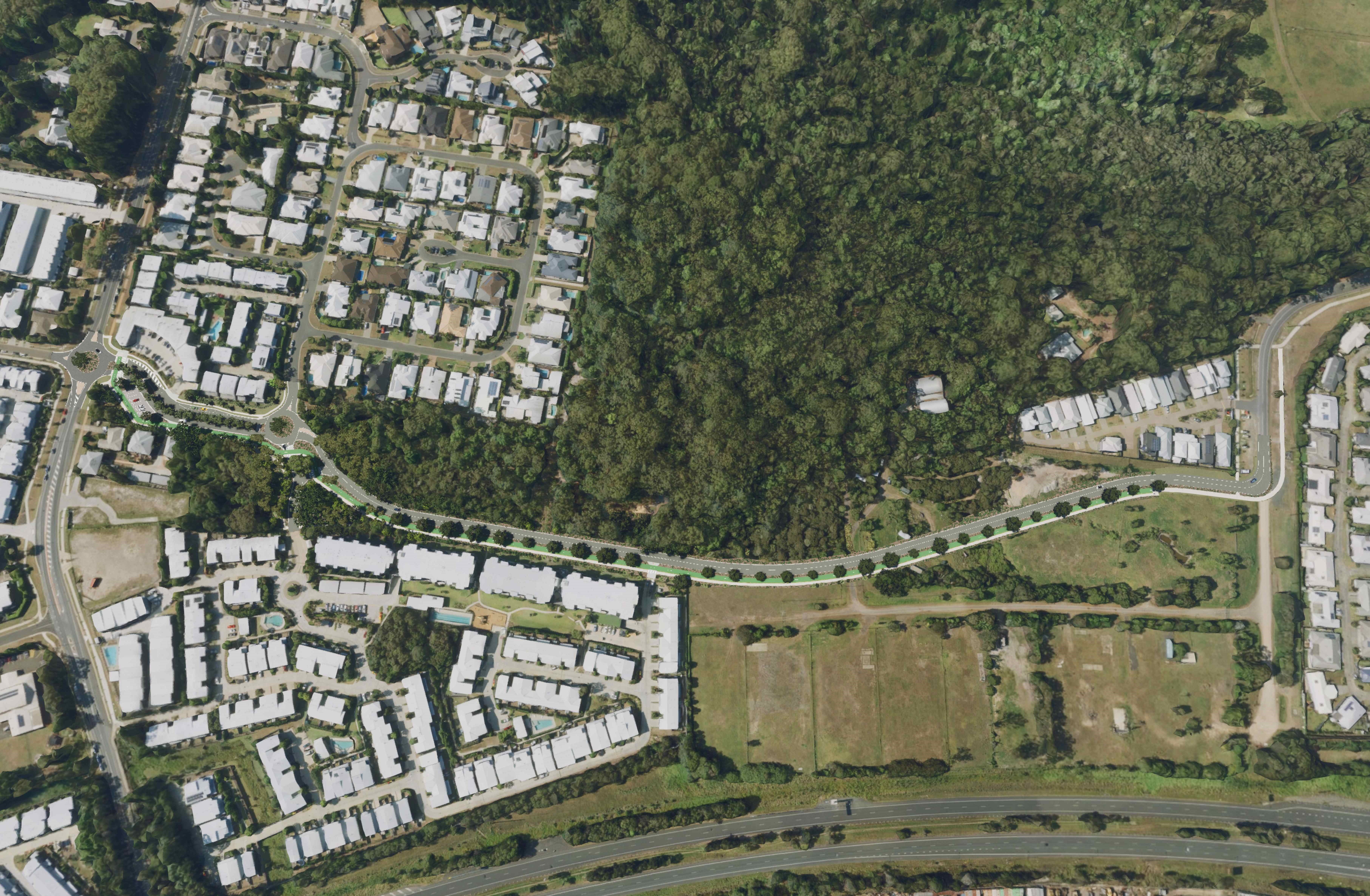 An aerial map shows Goshawk Boulevard and surrounds, in Buderim.