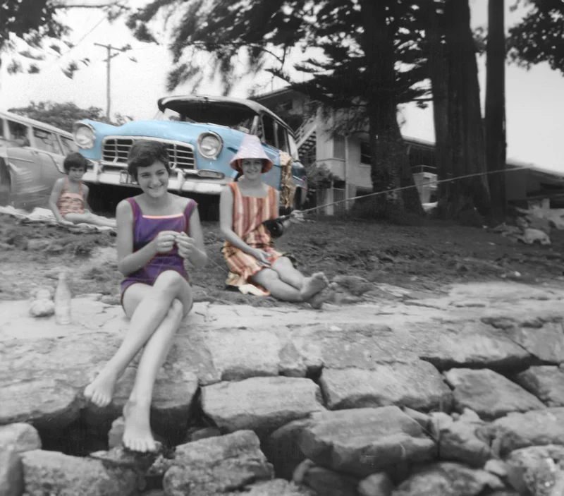 Anne Wakely Image: Anne and her sister Janice fishing at Bulcock Beach, c.1963