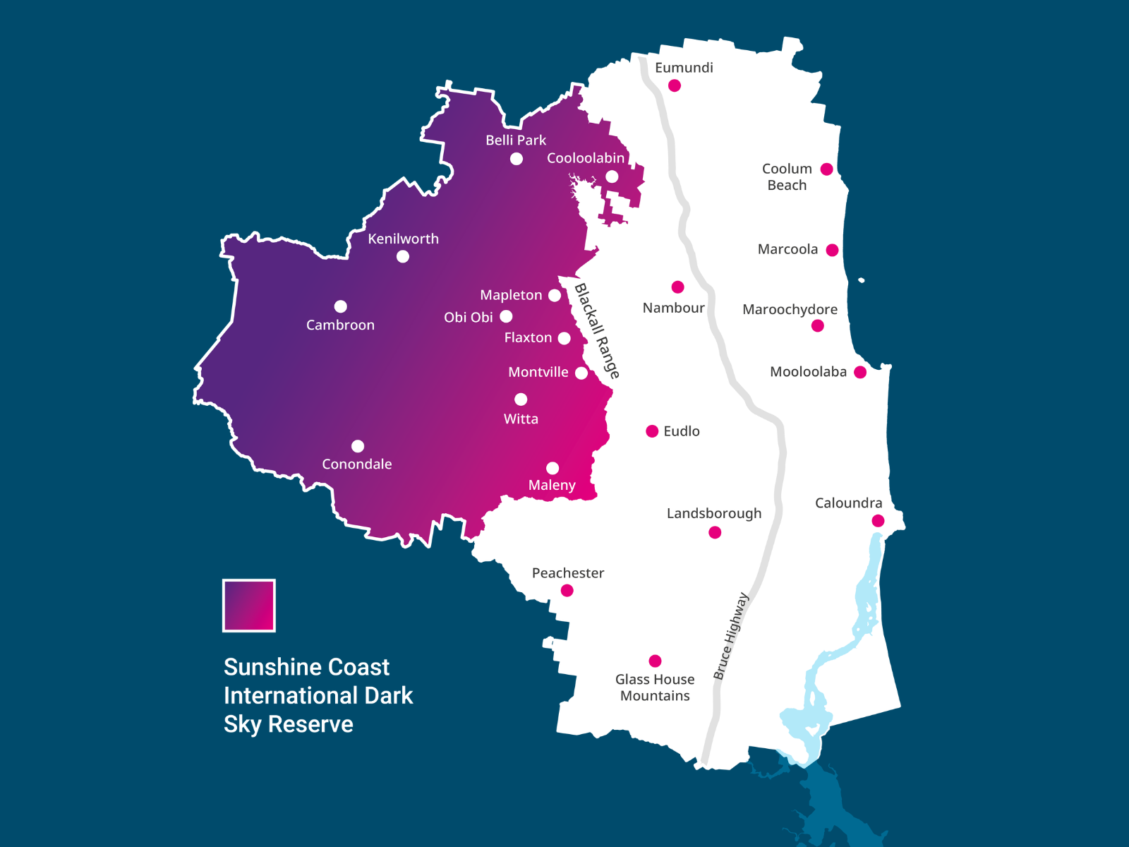 A map showing the boundaries of the Sunshine Coast International Dark Sky Reserve, covering the north western 40 per cent of the Sunshine Coast region.