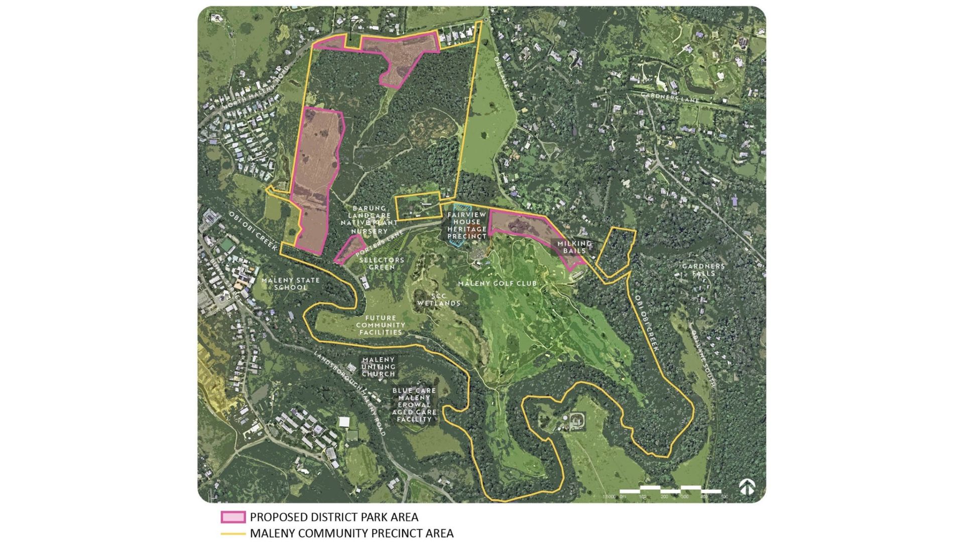 Proposed Maleny District Park area (locations to be connected by existing and future pathway and trail networks). 