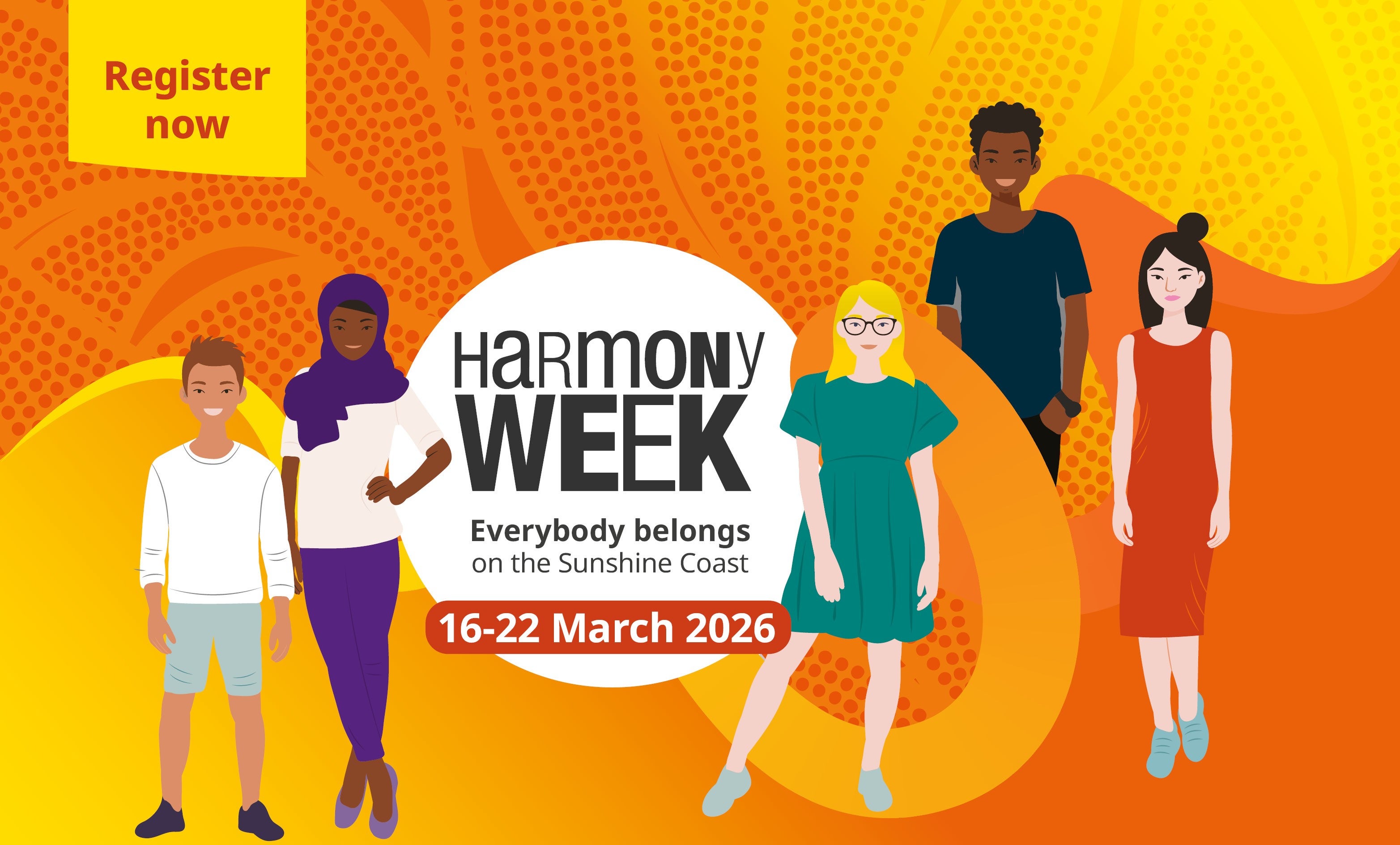 Illustrations of multicultural people and an invitation to register for Harmony Week 2026