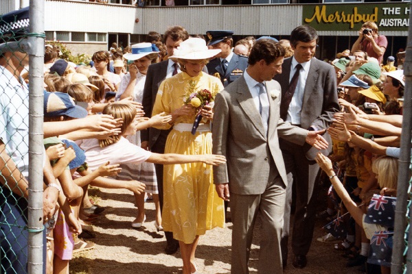 Prince Charles and Princess Diana departing from the Buderim Ginger Growers Factory after their guided tour, Yandina, April 1983