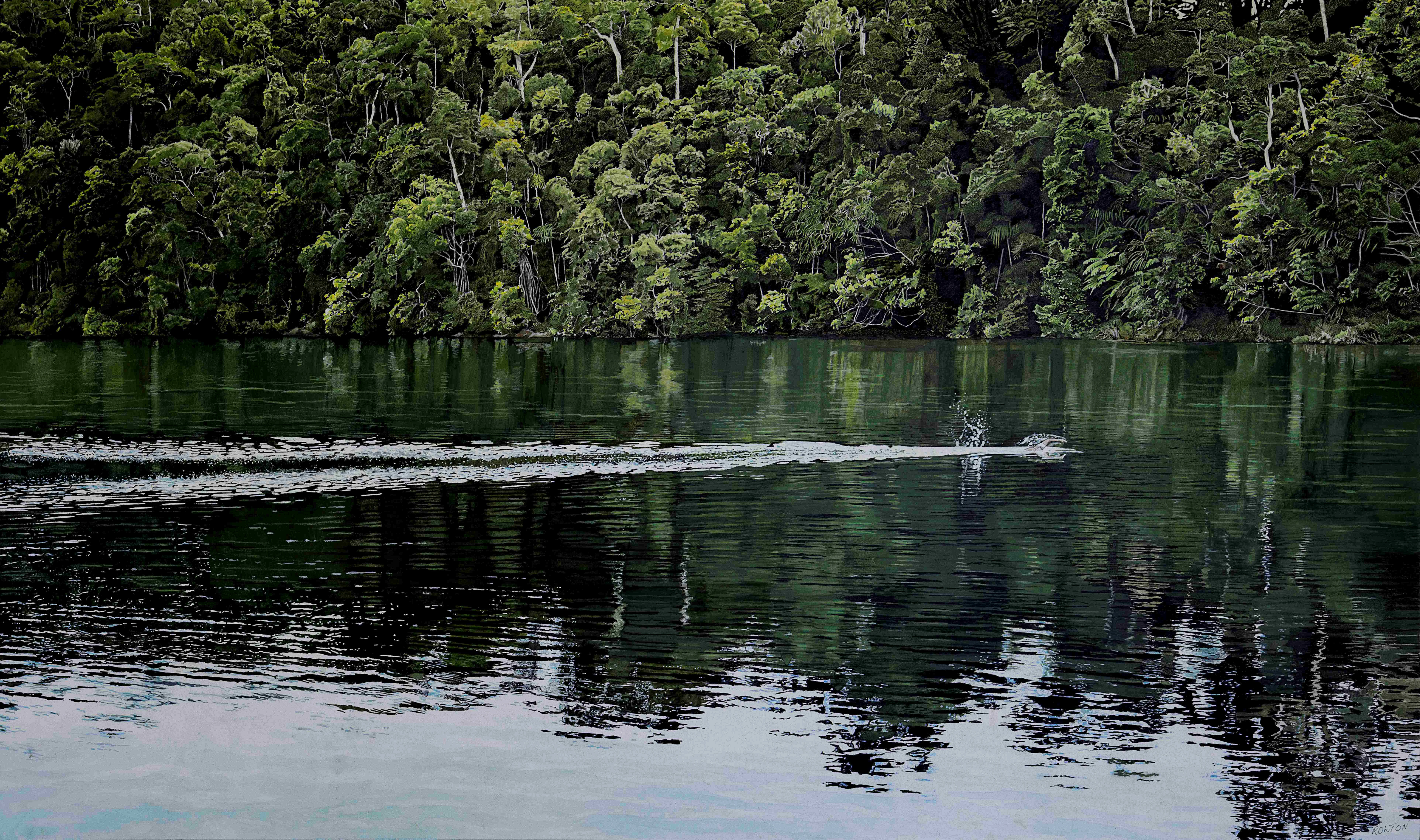 Phillip Rolton | The Swimmer | 2024 | pen, ink and watercolour on paper | 83 x 123cm (framed)