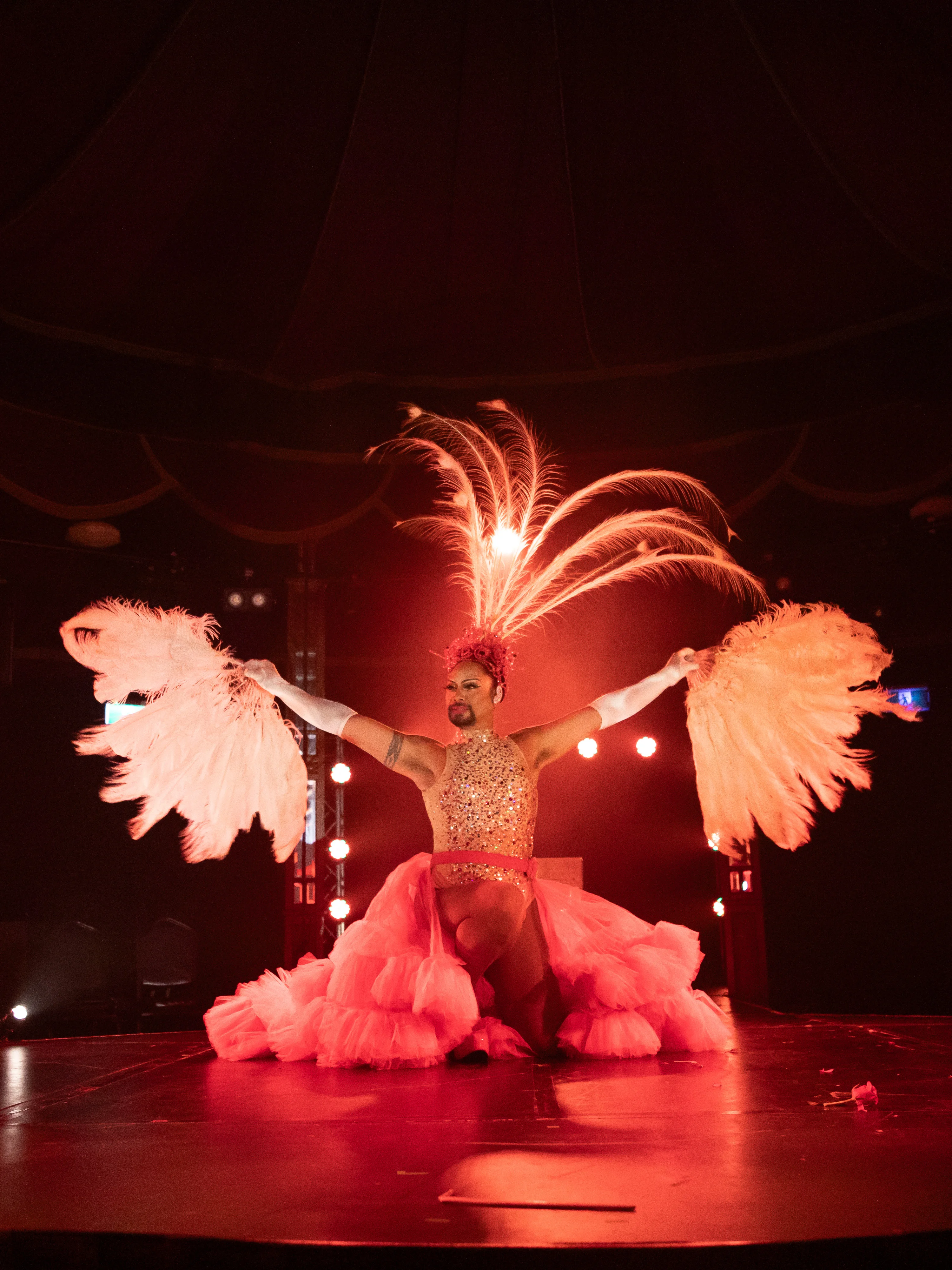 Briefs Factory Dancer posing holding feathers and wearing a feathered skirt and headdress 