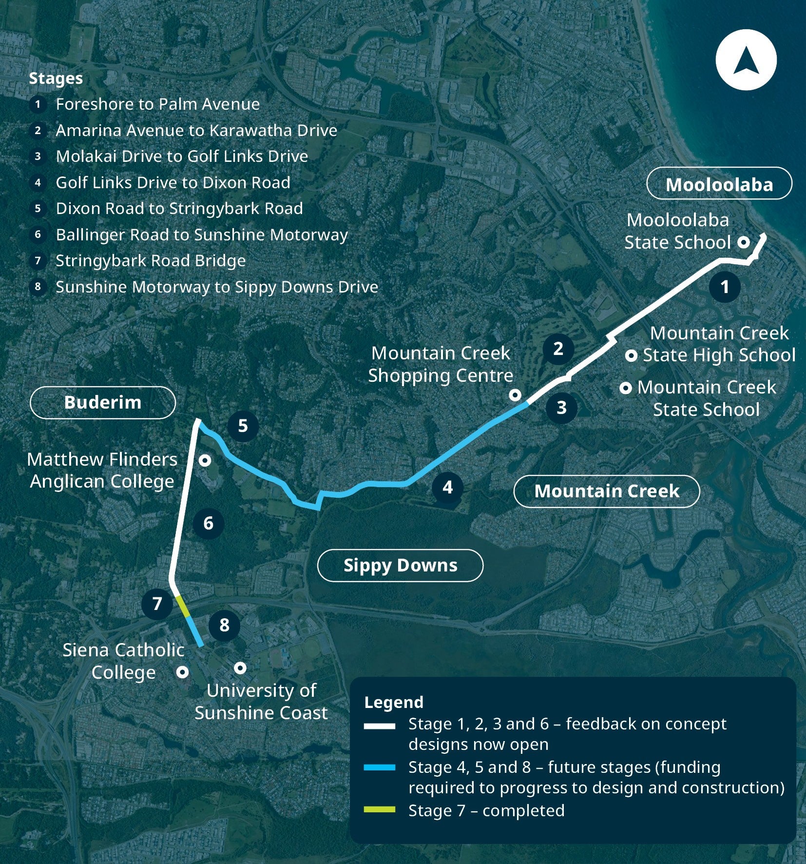 A map showing the eight stages of the Mooloolaba to University Active Transport Corridor