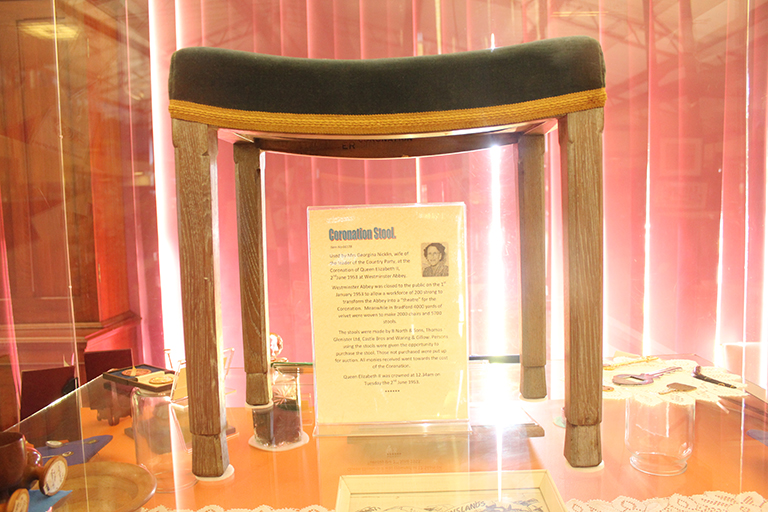 Coronation Stool. This stool was used by Mrs. Georgina Nicklin during the coronation of Queen Elizabeth II. As an invited guests, Mrs. Nicklin was able to purchase her stool following the ceremony. The funds raised from the sale of these souvenirs went towards the cost of the coronation. The stool is currently on display in the Landsborough Museum Sir Frank Nicklin display.