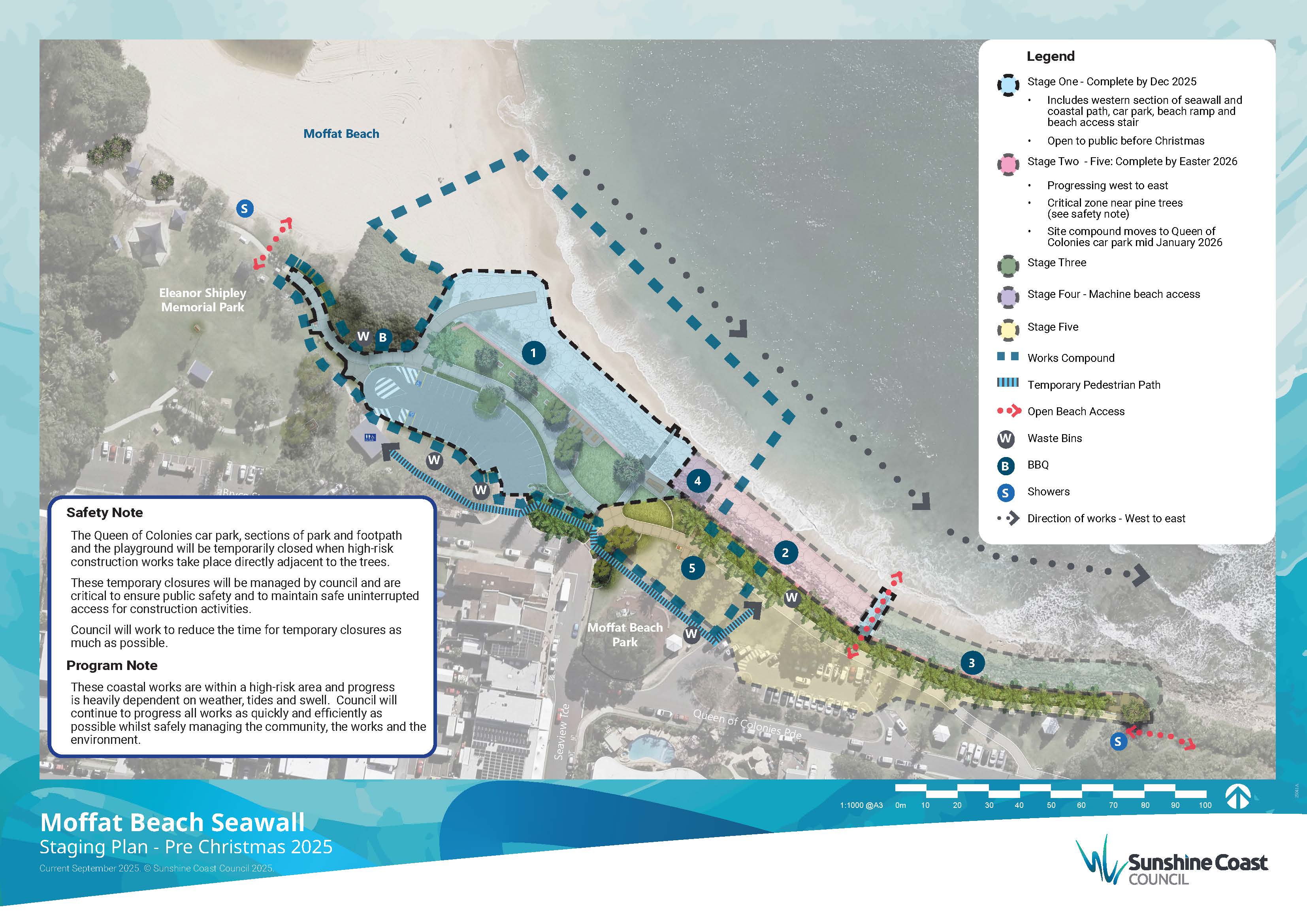 Moffat Beach Seawall staging plan: pre-Christmas 2025