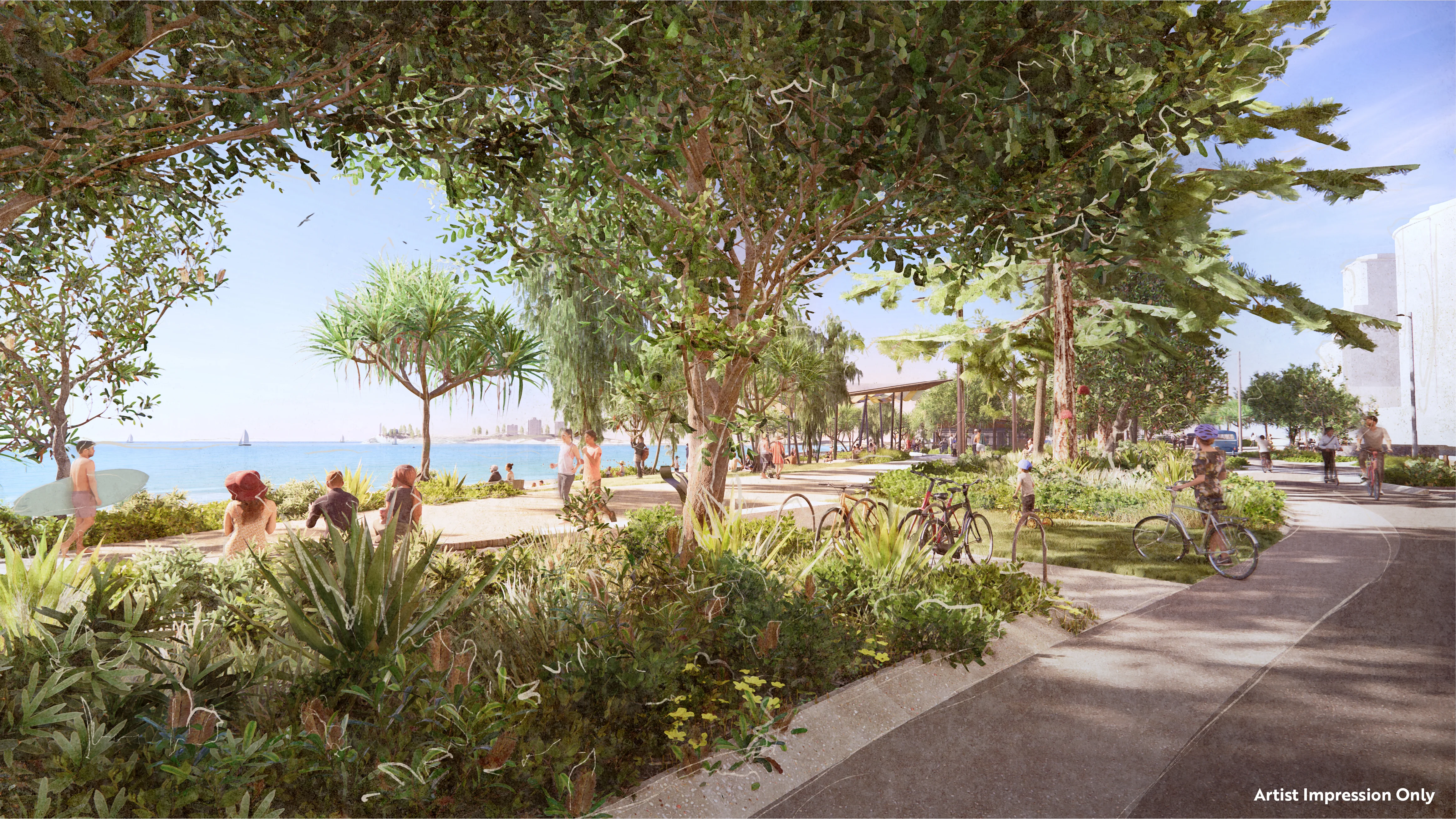 Graphical representation of design of the Central Meeting Place with increased beachfront parkland and new wider pathways to allow for improved connectivity along the foreshore.