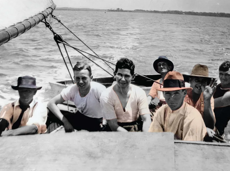 September: Crew under sail on board the boat, Sylvie, in the Pumicestone Passage, Caloundra. 1920. Courtesy: Picture Sunshine Coast.