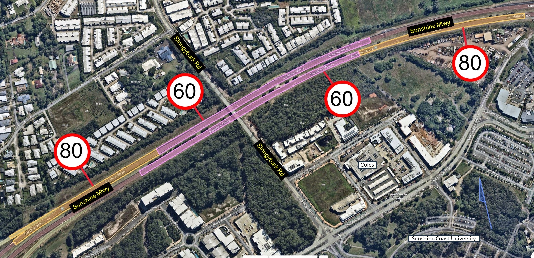 Indicative locations of temporary reduced speed zones with speed cameras in place. 