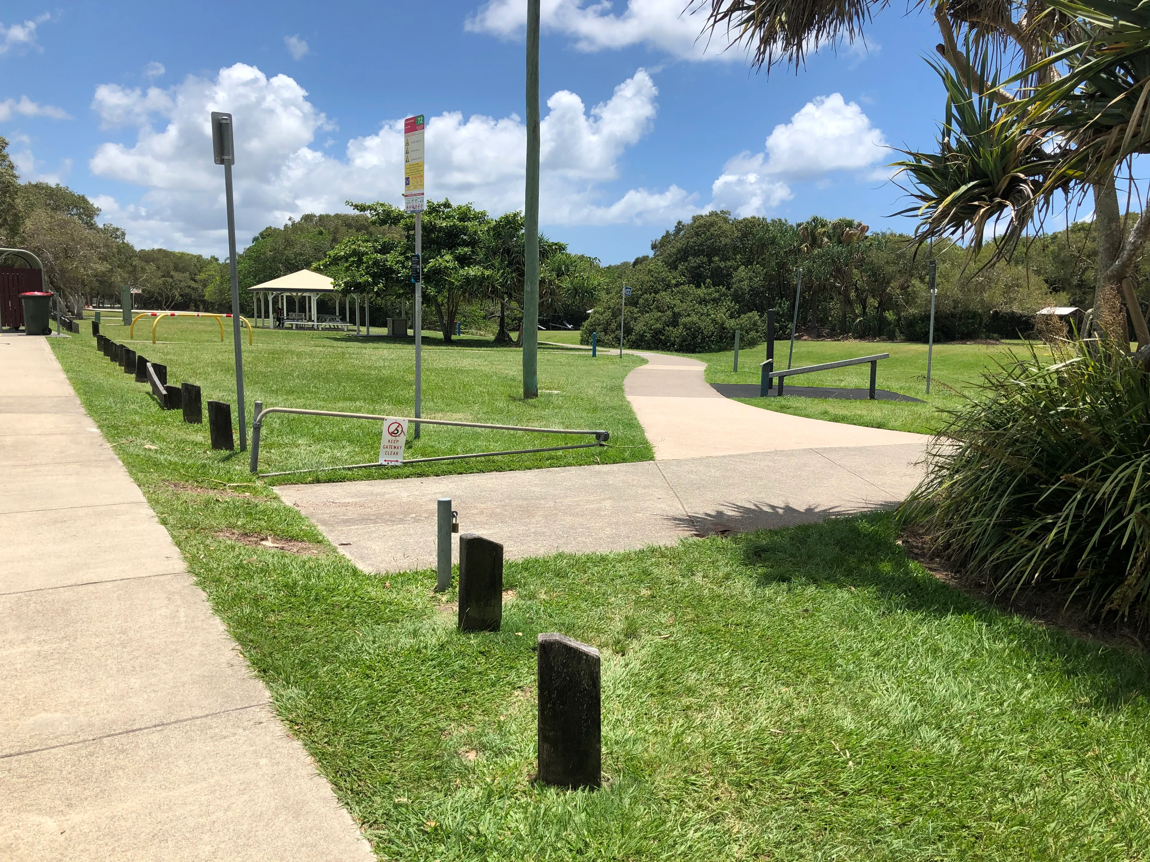 Path and shelters at Lions and Norrie Job Park, Coolum Beach
