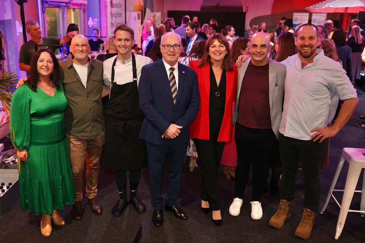 L to R: Zoe Sparks, Matt Golinski, Tom Hitchcock, Mayor Mark Jamieson, Kate McCreery-Carr, Adriano Zumbo, Paul West at The Curated Plate launch event at Sunshine Coast Airport 27/07/23