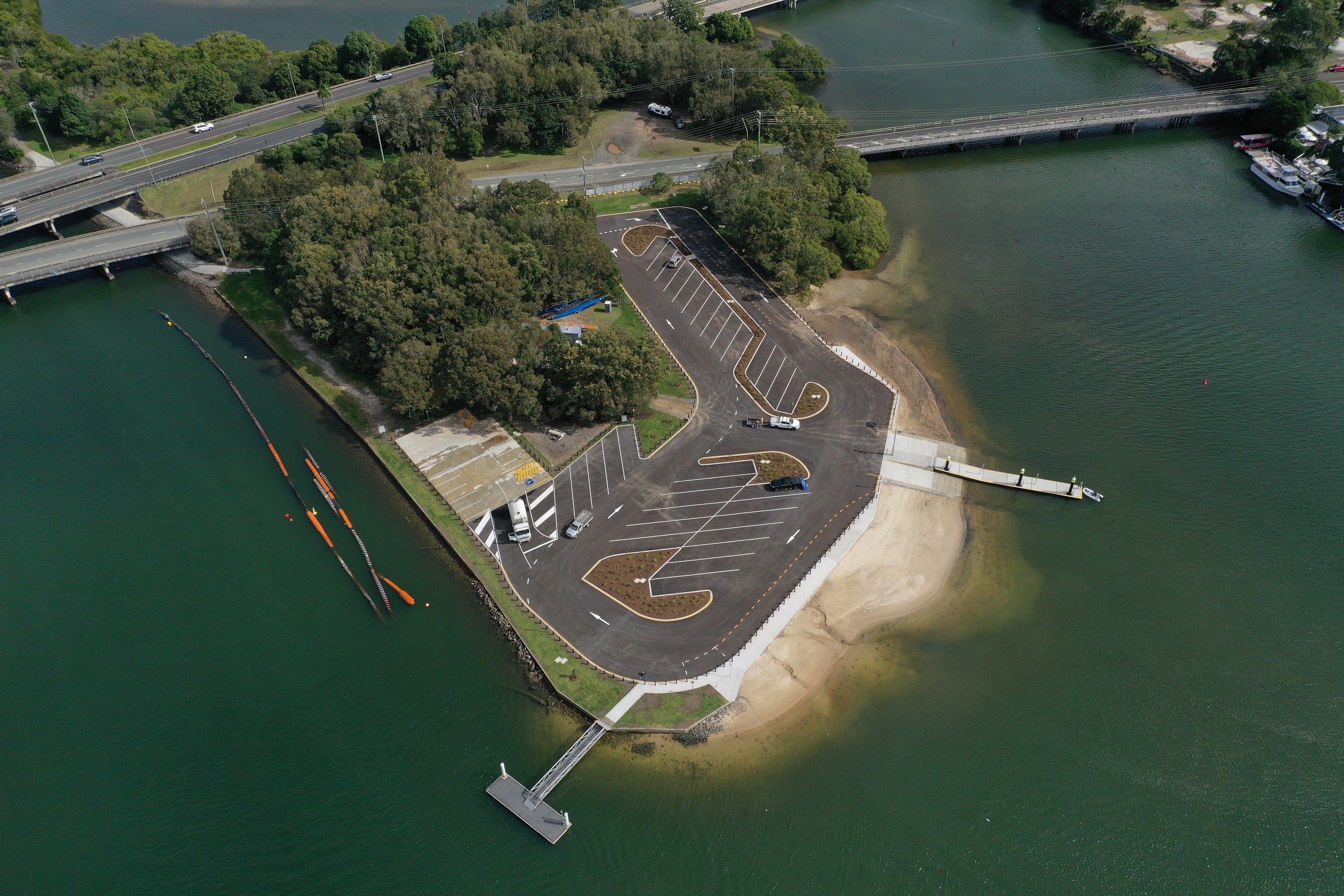 Aerial view of Outrigger Boat Ramp and car park at Minyama