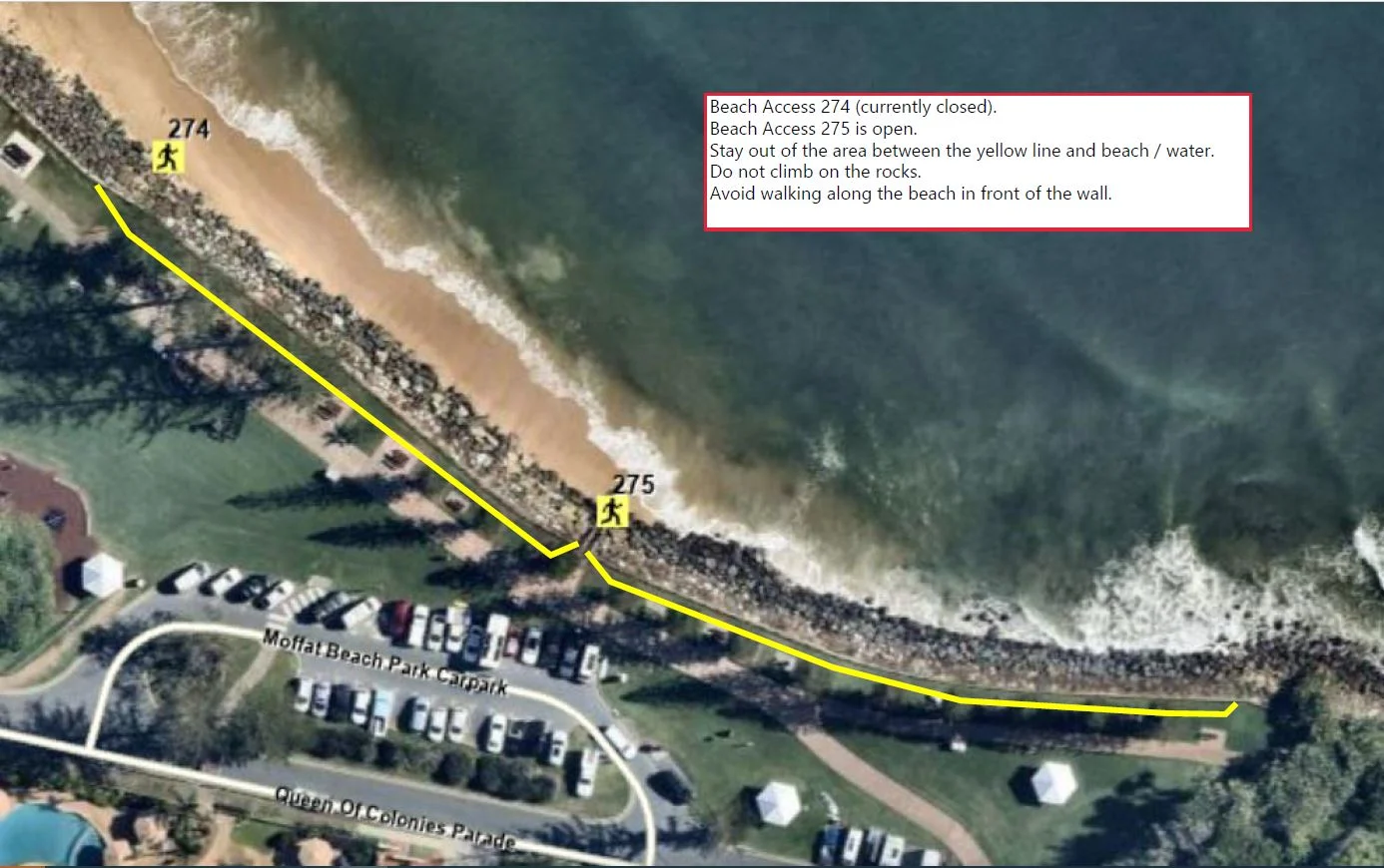 Stay behind the yellow line when visiting Moffat Beach.