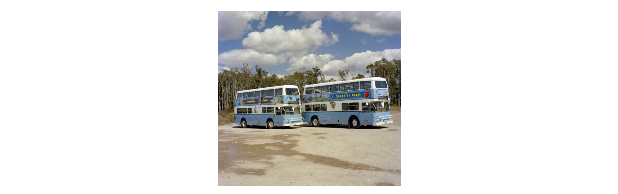 Sunshine Coast double decker buses en route to Kawana and Maroochydore, September 1982